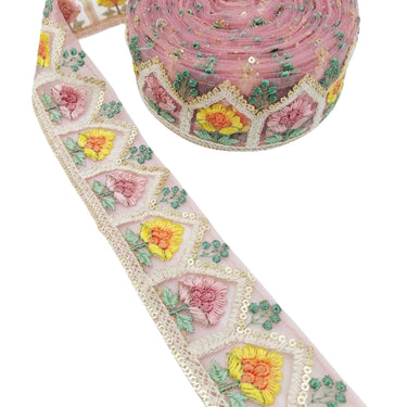 9 Yards Rose Taupe Soft Net Lace Trim Floral Embroidery and Gold Sequins, Floral Sari Border, Decorative Trim